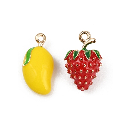 Подвески из латунного сплава, с эмалью, золотые, клубника/манго, стойки покрытие