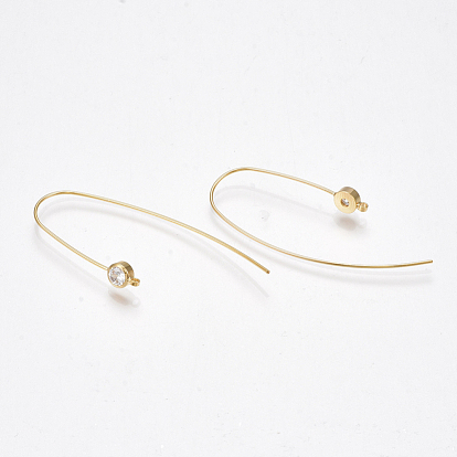 Brass Cubic Zirconia Earring Hooks, Ear Wire, with Horizontal Loop, Clear, Nickel Free