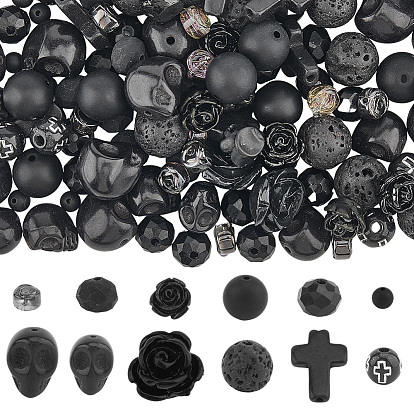 Наборы для самостоятельного изготовления эластичных браслетов в готическом стиле, включая окрашенную синтетическую бирюзу, черные камни и коралловые бусины, бусины из натуральной лавы, Стеклянные бусины, Эластичная кристальная нить