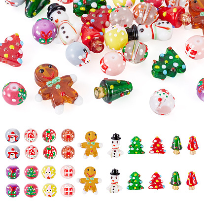 28шт. 14 стили: расписные стеклянные бусины на рождественскую тематику, бусины с неровной поверхностью, разнообразные