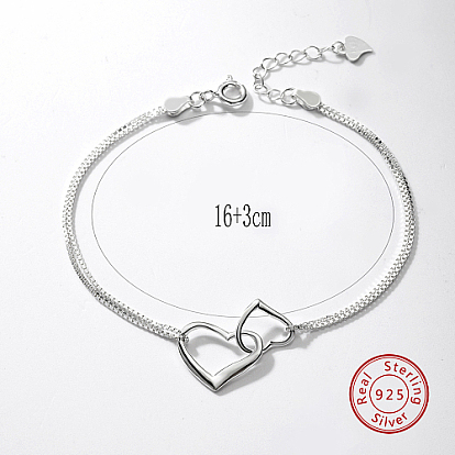 925 Sterling Silver Double Link Chian Bracelets, Heart Bracelets for Women