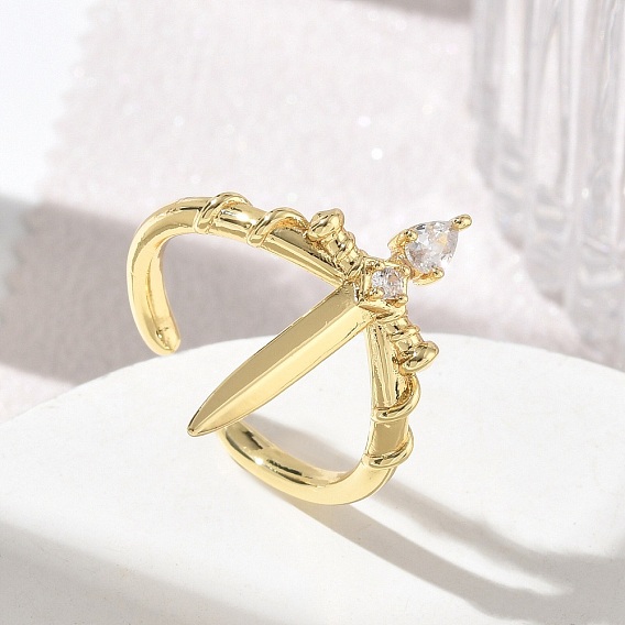 Brass Micro Pave Cubic Zirconia Cuff Open Rings, Sword