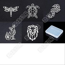 20Pcs 5 Style 201 Stainless Steel Filigree Joiners Links, Laser Cut, Dragonfly & Sea Turtle & Sea Horse & Wolf & Lion Head