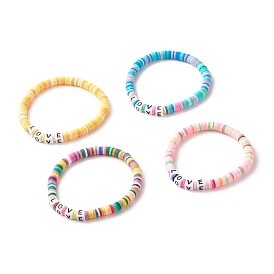 Love Word Acrylic Beads Stretch Bracelet, Handmade Polymer Clay Heishi Beads Surfering Bracelet for Girl Women