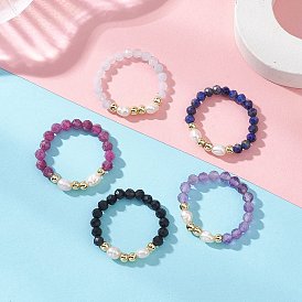 Кольца на палец из натуральных смешанных драгоценных камней, с натуральным культивированным пресноводным жемчугом, стрейч-кольца