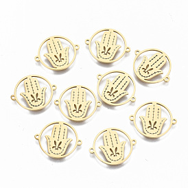 304 Stainless Steel Links Connectors, Laser Cut, for Religion, Flat Round  with Hamsa Hand/Hand of Fatima/Hand of Miriam