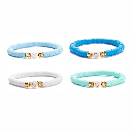 4Pcs 4 Color Handmade Polymer Clay Heishi Surfer Stretch Bracelets Set, Acrylic Heart Beaded Preppy Bracelet Women