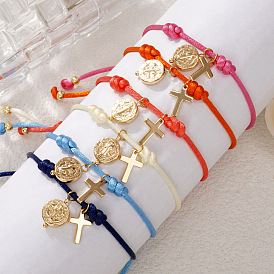 Adjustable Brass Religion Cross Virgin Charm Nylon Cord Braided Bracelets, Golden