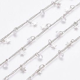 Brass Curb Chains, with Spool, Star Brass Charms & Diamond Shape Cubic Zirconia Charms, Long-Lasting Plated, Soldered, Clear