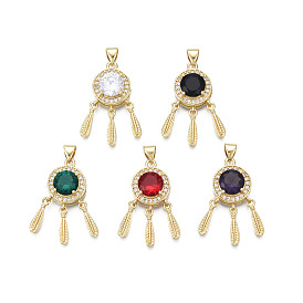 Brass Micro Pave Clear Cubic Zirconia Pendants, with Glass and Brass Snap on Bails, Nickel Free, Real 18K Gold Plated, Woven Net/Web with Feather