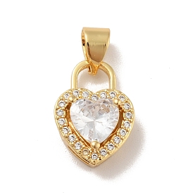 Brass Micro Pave Cubic Zirconia Pendants, Cadmium Free & Lead Free, Long-Lasting Plated, Lock with Heart, Clear
