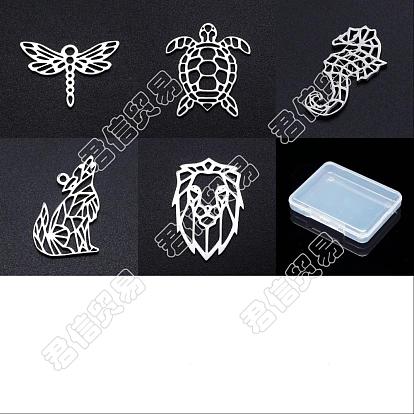 20Pcs 5 Style 201 Stainless Steel Filigree Joiners Links, Laser Cut, Dragonfly & Sea Turtle & Sea Horse & Wolf & Lion Head