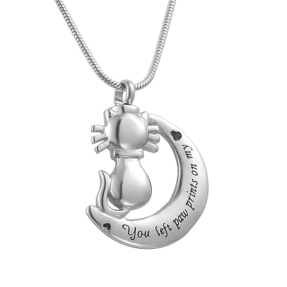 316L Surgical Stainless Steel Moon with Pet Urn Ashes Pendant Necklace, Word You Left Paw Prints On My Heart Memorial Jewelry for Women