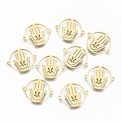 304 Stainless Steel Links Connectors, Laser Cut, for Religion, Flat Round  with Hamsa Hand/Hand of Fatima/Hand of Miriam