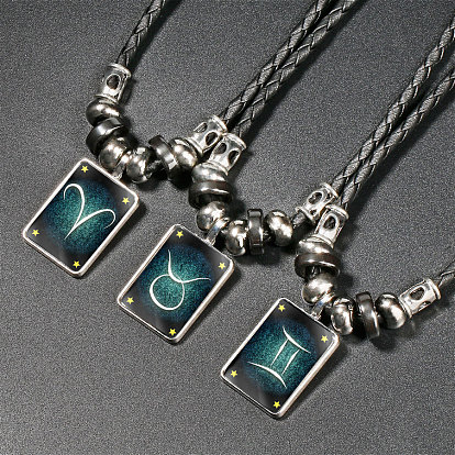 Men's Constellation Glass Rectangle Tag Pendant Necklace with Alloy Beaded