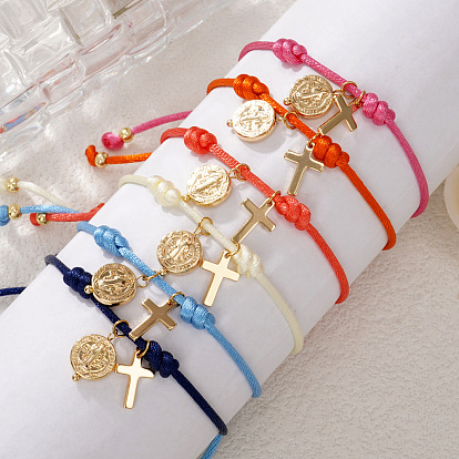 Adjustable Brass Religion Cross Virgin Charm Nylon Cord Braided Bracelets, Golden