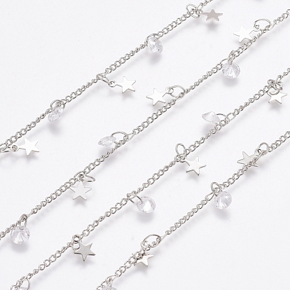 Brass Curb Chains, with Spool, Star Brass Charms & Diamond Shape Cubic Zirconia Charms, Long-Lasting Plated, Soldered, Clear