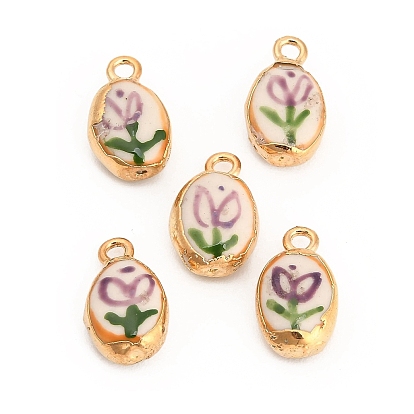 Handgefertigtes Porzellan mit Messinganhängern, oval mit Tulpenanhängern, handbemalt, famille rose Porzellan, golden