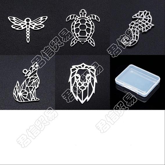 20Pcs 5 Style 201 Stainless Steel Filigree Joiners Links, Laser Cut, Dragonfly & Sea Turtle & Sea Horse & Wolf & Lion Head