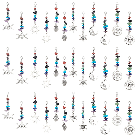 36 шт 6 стили натуральный драгоценный камень и сплав подвеска украшение, Сплав с застежками когтя омара, разнообразные