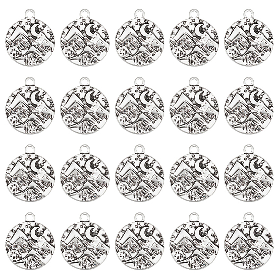 40 шт. Подвески из сплава в тибетском стиле, без кадмия и без свинца, плоский круглый с горами