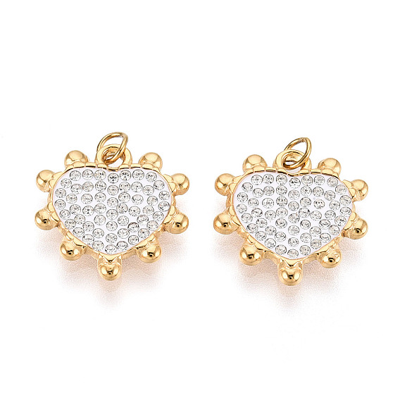 304 подвески из нержавеющей стали и полимерной глины ручной работы со стразами, сердце, с целью перехода в кольце, ионное покрытие (ip), реальный 18 k позолоченный