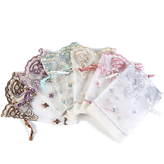 Organza Embroidery Flower Jewellery Storage Pouches, Wedding Favour Party Mesh Drawstring Gift Bags, Rectangle