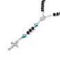 Natural Lava Rock & Synthetic Green Turquoise Rosary Bead Necklace, Alloy Virgin Mary & Cross Pendant Necklace for Women