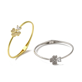 Rack Plating Brass Pave Clear Cubic Zirconia Clover & Heart Hinged Bangles, Lead Free & Cadmium Free, Long-Lasting Plated