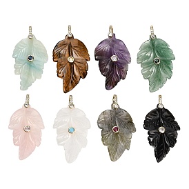 Natural Gemstone Pendants, Leaf Charms, with Brass Pave Cubic Zirconia Findings, Golden