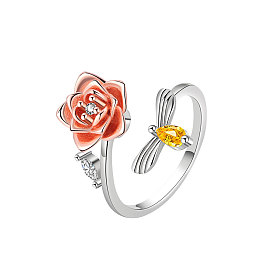 Adjustable Opening Brass with Enamel Ring, Cubic Zirconia Rotating Ring, Flower