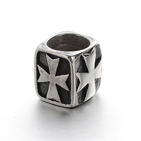 Rétro lisses 304 en acier inoxydable perles grand trou de cube avec croix, 11.5x11.5x11.5mm, Trou: 8.5mm