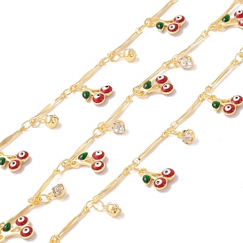 Латунные бар шарнирные цепи, с эмалированной вишней и стеклянной плоской круглой подвеской, пайки, с катушкой, без свинца и без кадмия, золотые