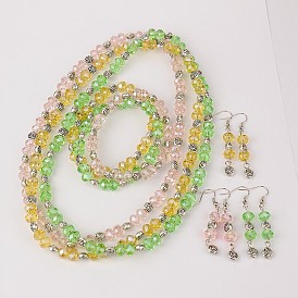 Glass Jewelry Sets: Stretchy Necklaces & Stretchy Bracelets & Earrings, with Tibetan Style Beads and Brass Earring Hooks, 16.93 inch , 57mm, 54mm