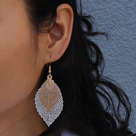 Double-layered Leaf Tassel Earrings with Hollow-out Design in Gold for Women