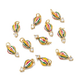 Brass Micro Pave Clear Cubic Zirconia Charms, with Enamel and Jump Rings, Hot-air Balloon