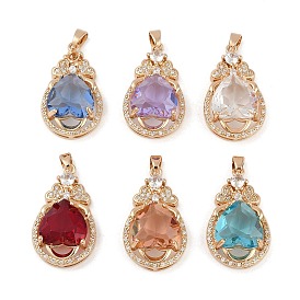 Brass Glass Pendants, Teardrop, Real 18K Gold Plated