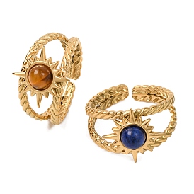 Natural Gemstone Finger Rings, Sun Golden Tone 304 Stainless Steel Cuff Rings for Women Men