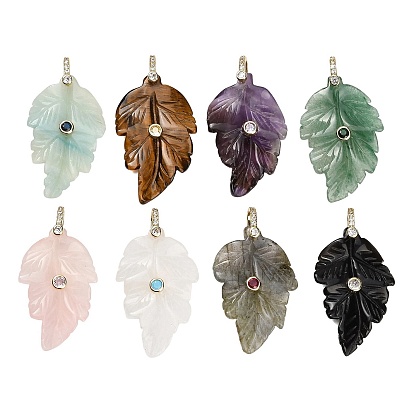 Natural Gemstone Pendants, Leaf Charms, with Brass Pave Cubic Zirconia Findings, Golden