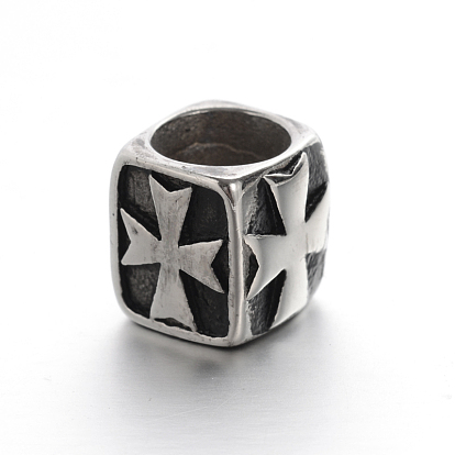 Retro Smooth 304 Stainless Steel Large Hole Cube Beads with Cross, 11.5x11.5x11.5mm, Hole: 8.5mm