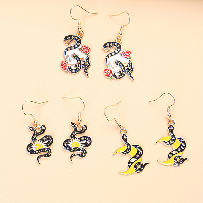 Cartoon Snake-shaped Sun Moon Skull Alloy Earrings, Cute and Personalized Jewelry