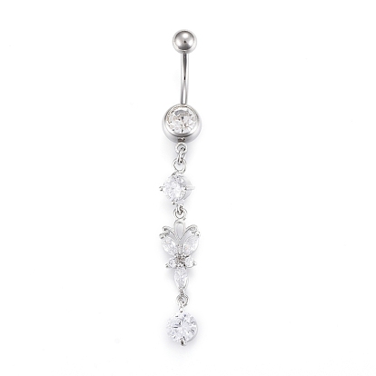 Piercing Jewelry, Brass Cubic Zirciona Navel Ring, Belly Rings, with 304 Stainless Steel Bar