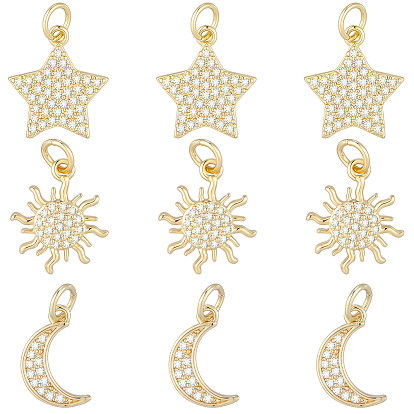 9 шт 3 стили латунные подвески из микропаве с фианитом, амулеты звезды, луны и солнца, с целью перехода в кольце, долговечный