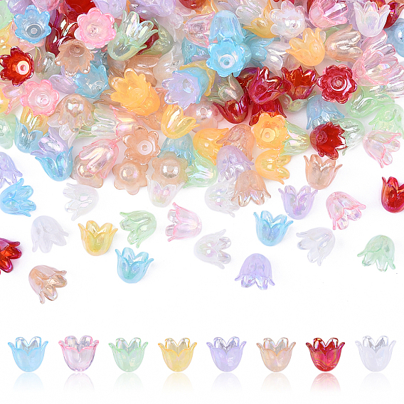 160 шт. 8 цвета 6-лепестки имитация желе акриловые бусины колпачки, с покрытием AB цвета, цветок