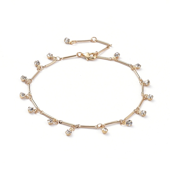 Charm Anklets, with Real 18K Gold Plated Brass Bar Link Chains, Lobster Claw Clasps and Brass Rhinestone Charms