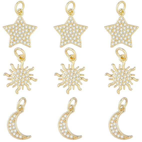 9 шт 3 стили латунные подвески из микропаве с фианитом, амулеты звезды, луны и солнца, с целью перехода в кольце, долговечный