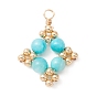 Natural Dyed Freshwater Shell Pendants, Rhombus Charms with Golden Plated Brass Round Spacer Beads