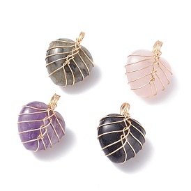 Pendentifs de pierres précieuses naturelles et synthétiques, avec fil de cuivre doré clair enroulé, mélangé teint et non teint, cœur