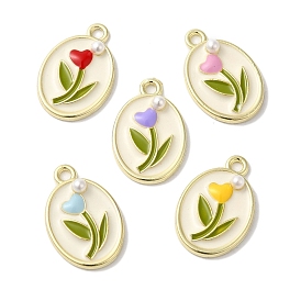 Rack Plating Alloy Enamel Pendants, with ABS Imitation Pearl, Cadmium Free & Nickel Free & Lead Free, Oval with Flower Charms, Golden