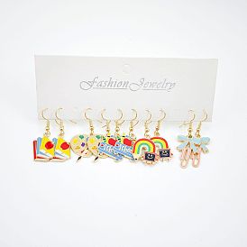 5 Pairs Back to School Alloy Enamel Dangle Earrings, Stationery, Golden